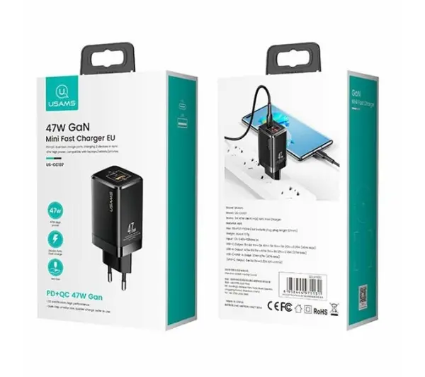USAMS USB-C+USB GaN 47W PD+QC Fast Charging Biały
