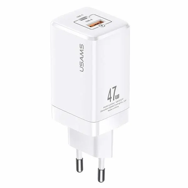 Ładowarka sieciowa USAMS USB-C+USB GaN 47W PD+QC Fast Charging Biały