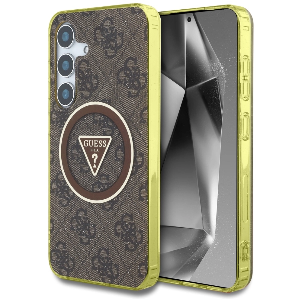 Etui Guess 4G Glitter Triangle Buttons MagSafe do Galaxy S25 Brązowy
