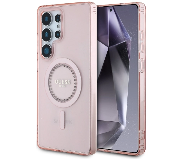 Etui GUESS Rhinestones Printed Classic Logo MagSafe do Samsung Galaxy S25 Ultra Różowy