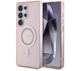 Guess Rhinestones Printed Classic Logo MagSafe do Galaxy S25 Ultra Różowy