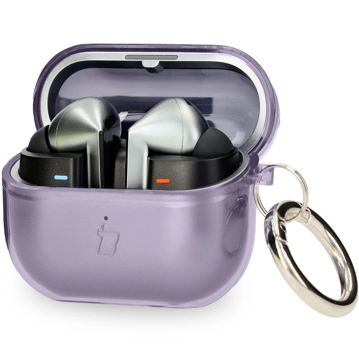 Etui na słuchawki Bizon Elastyczne z karabińczykiem do Samsung Galaxy Buds 3/3 Pro Przezroczysto-fioletowy