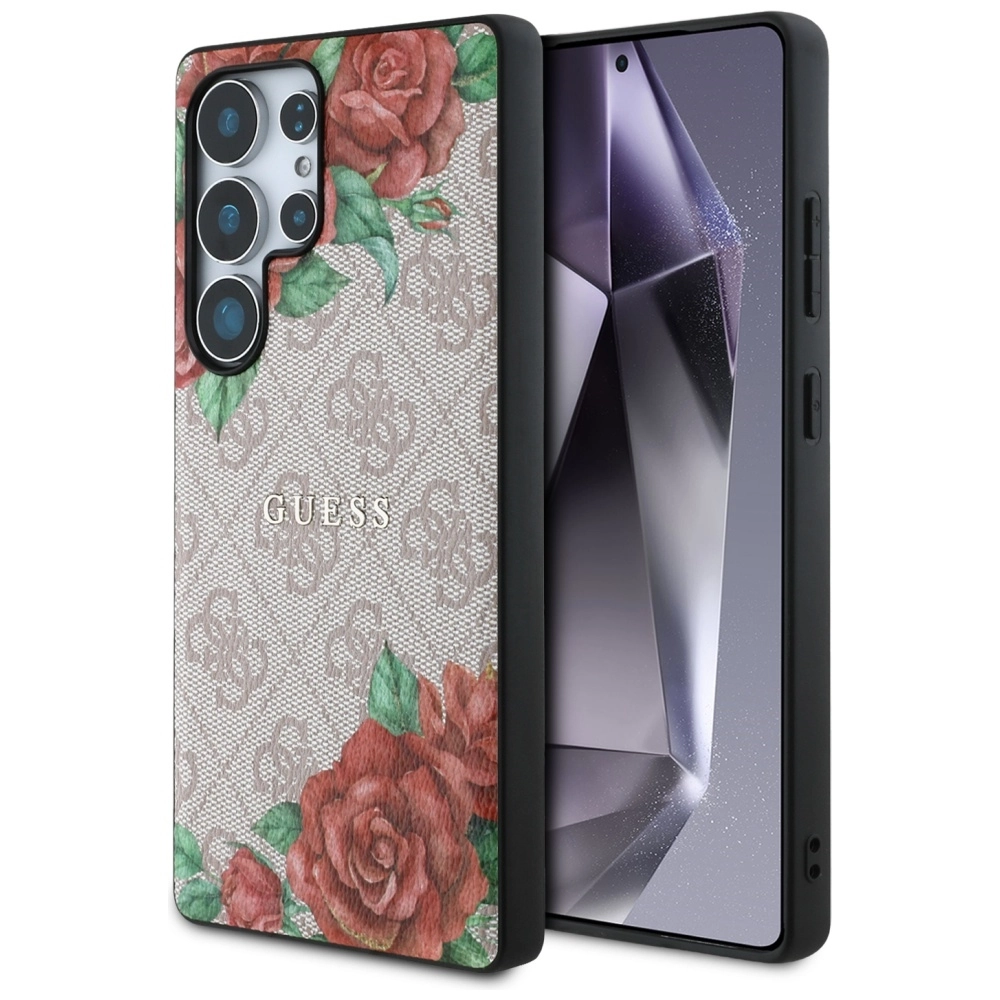 Etui Guess Leather 4G Flowers Print Metal Classic Logo MagSafe Galaxy S25 Ultra Różowy