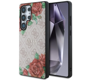 Guess Leather 4G Flowers Print Metal Classic Logo MagSafe Galaxy S25 Ultra Różowy