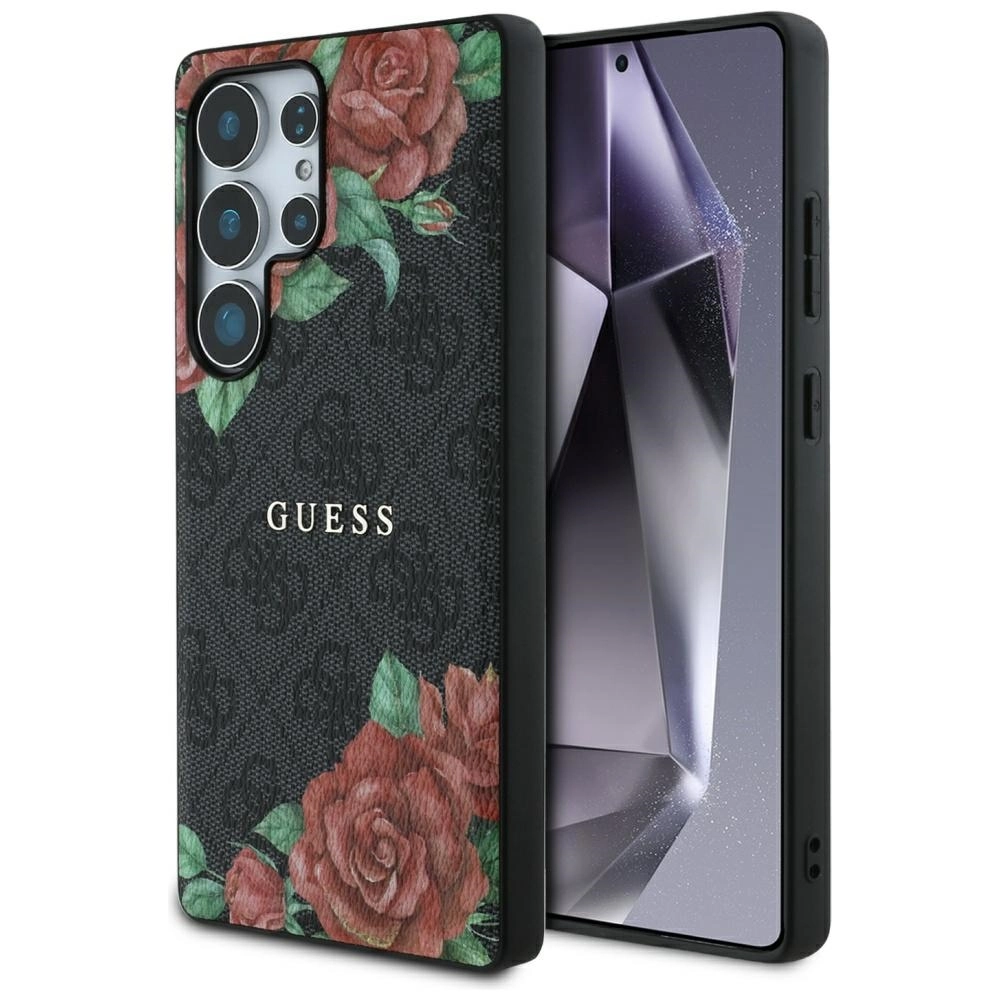 Etui Guess Leather 4G Flowers Print Metal Classic Logo MagSafe do Galaxy S25 Ultra Czarny