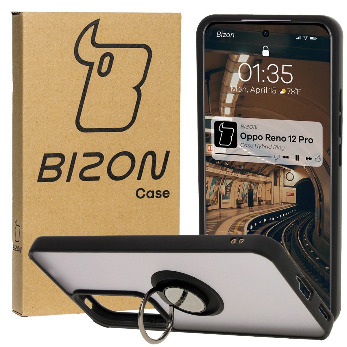 Etui Bizon z uchwytem na palec Hybrid Ring do Oppo Reno 12 Pro Przydymione z czarną ramką