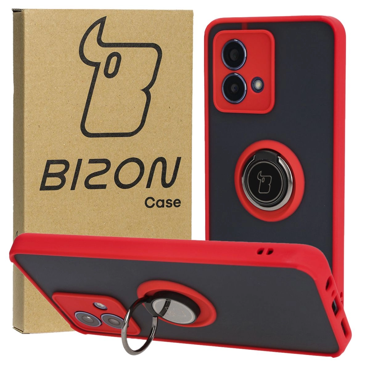 Etui Bizon z uchwytem na palec Hybrid Ring do Motorola Moto G84 5G Przydymione z czerwoną ramką