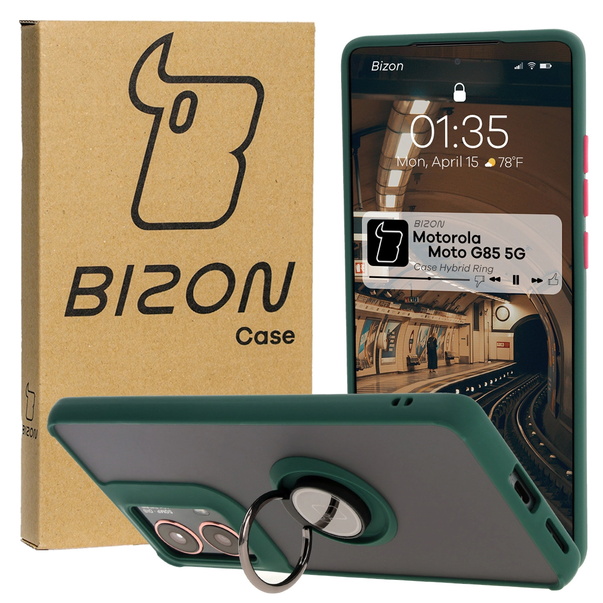 Etui Bizon z uchwytem na palec Hybrid Ring do Motorola Moto G85 5G Przydymione z ciemnozieloną ramką