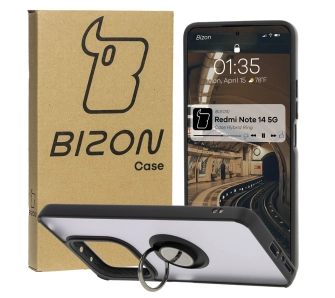 Etui Bizon z uchwytem na palec Hybrid Ring do Xiaomi Redmi Note 14 5G Przydymione z czarną ramką