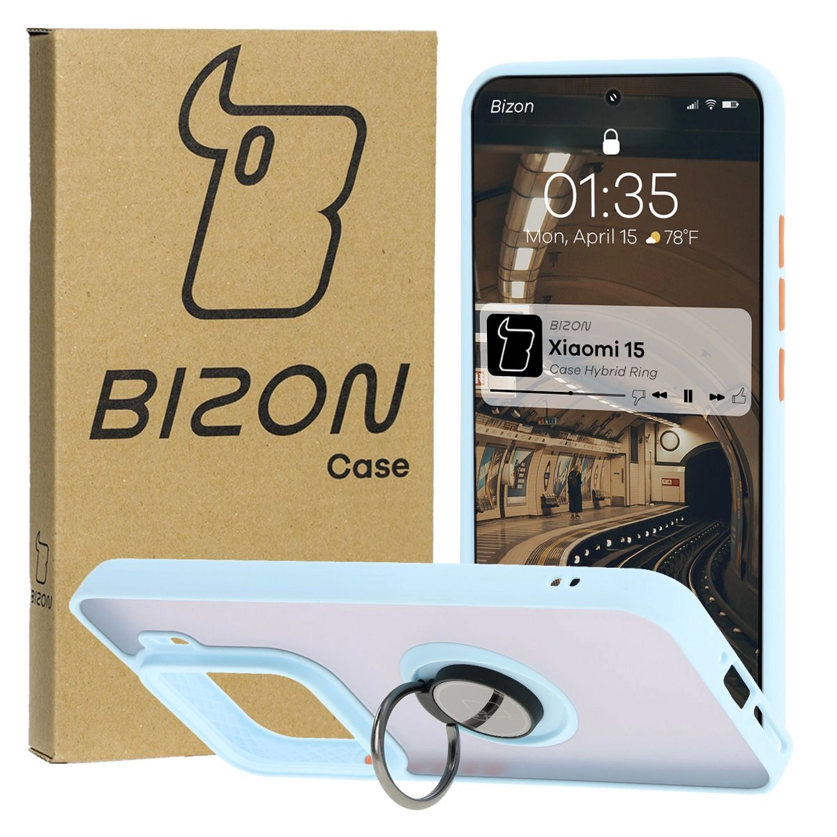 Etui Bizon z uchwytem na palec Hybrid Ring do Xiaomi 15 Przydymione z jasnoniebieską ramką