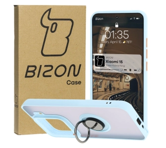 Etui Bizon z uchwytem na palec Hybrid Ring do Xiaomi 15 Przydymione z jasnoniebieską ramką