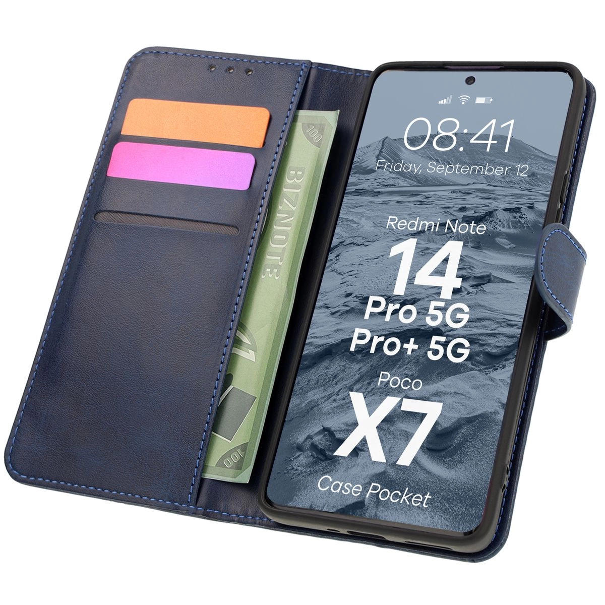 Etui Bizon z klapką Pocket do Xiaomi Redmi Note 14 5G/Poco M7 Pro 5G Granatowy