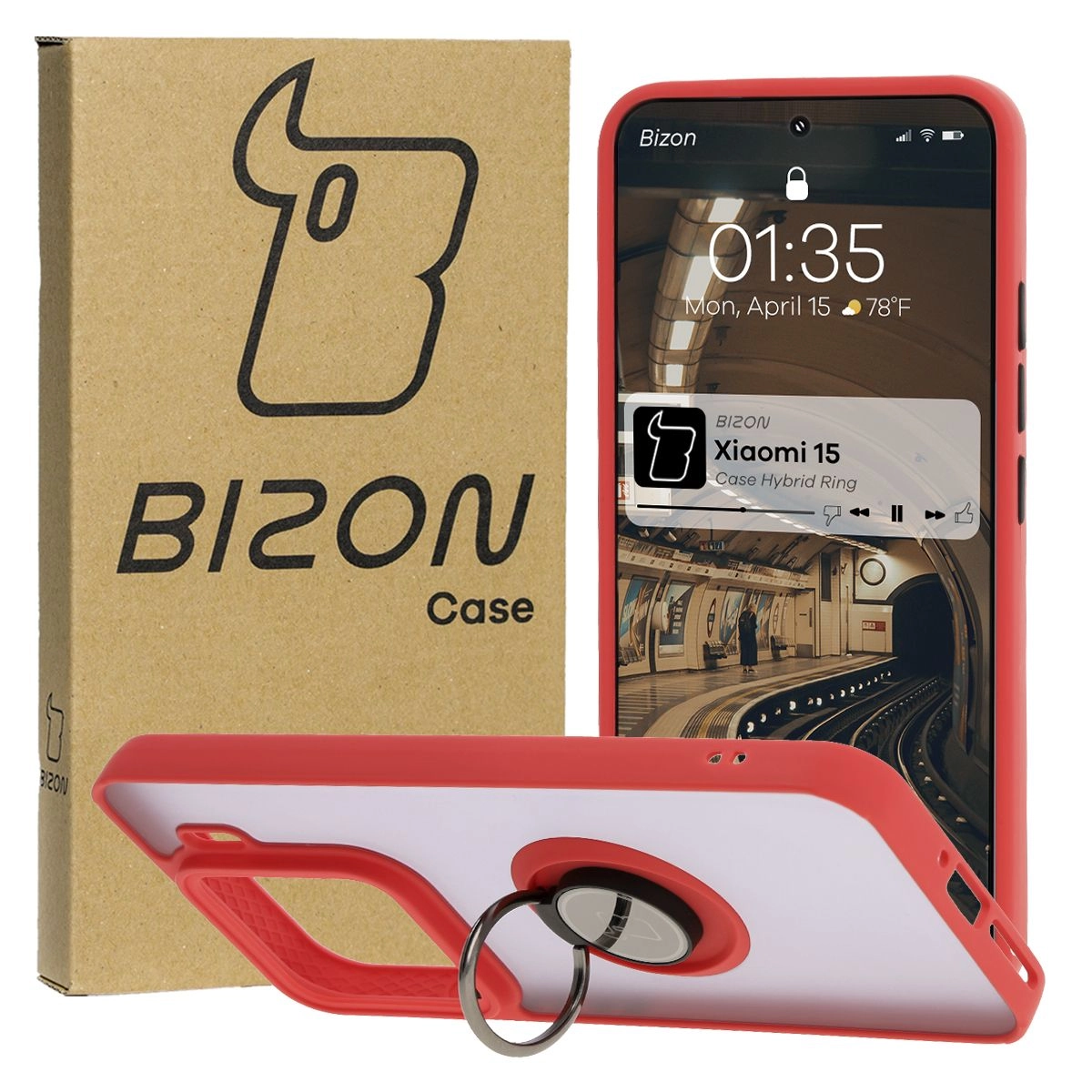 Etui Bizon z uchwytem na palec Hybrid Ring do Xiaomi 15 Przydymione z czerwoną ramką