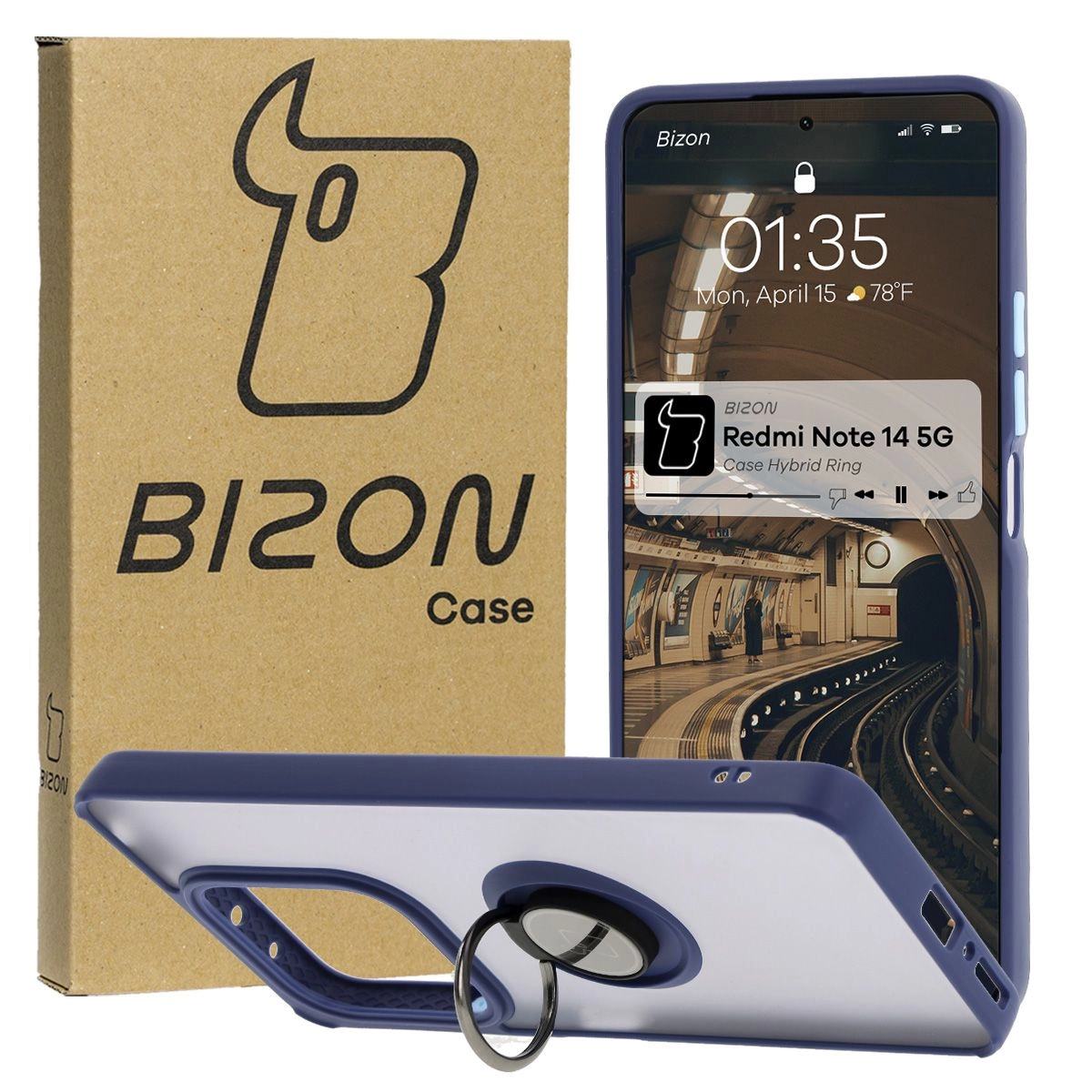 Etui Bizon z uchwytem na palec Hybrid Ring do Xiaomi Redmi Note 14 5G Przydymione z granatową ramką