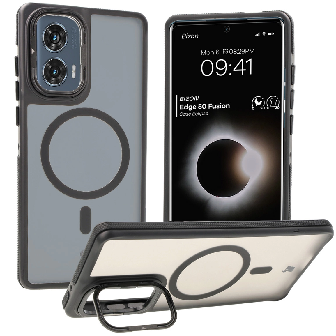 Etui Bizon Eclipse z MagSafe i podstawką do Motorola Edge 50 Fusion Przydymione z czarną ramką