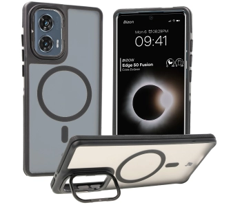 Etui Bizon Eclipse z MagSafe i podstawką do Motorola Edge 50 Fusion Przydymione z czarną ramką