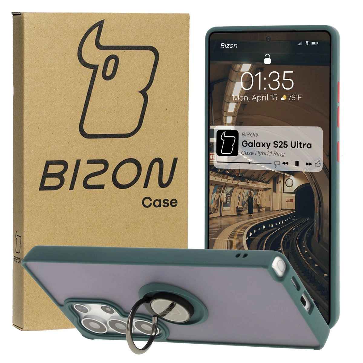 Etui Bizon z uchwytem na palec Hybrid Ring do Galaxy S25 Ultra Przydymione z ciemnozieloną ramką