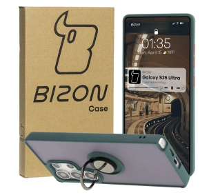 Bizon z uchwytem na palec Hybrid Ring do Galaxy S25 Ultra Przydymione z ciemnozieloną ramką