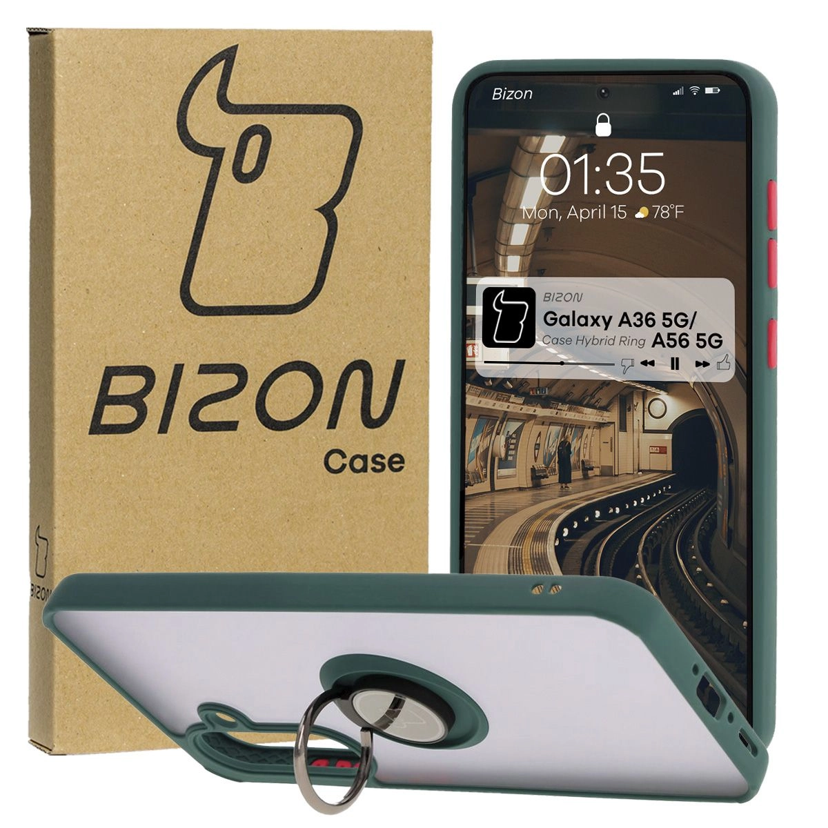 Etui Bizon z uchwytem na palec Hybrid Ring do Galaxy A36 5G / A56 5G Przydymione z ciemnozieloną ramką