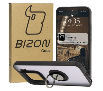Etui Bizon z uchwytem na palec Hybrid Ring do Xiaomi 15 Przydymione z czarną ramką