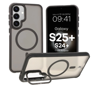 Etui Bizon Eclipse z MagSafe i podstawką do Galaxy S25 Plus/S24 Plus Przydymione z czarną ramką