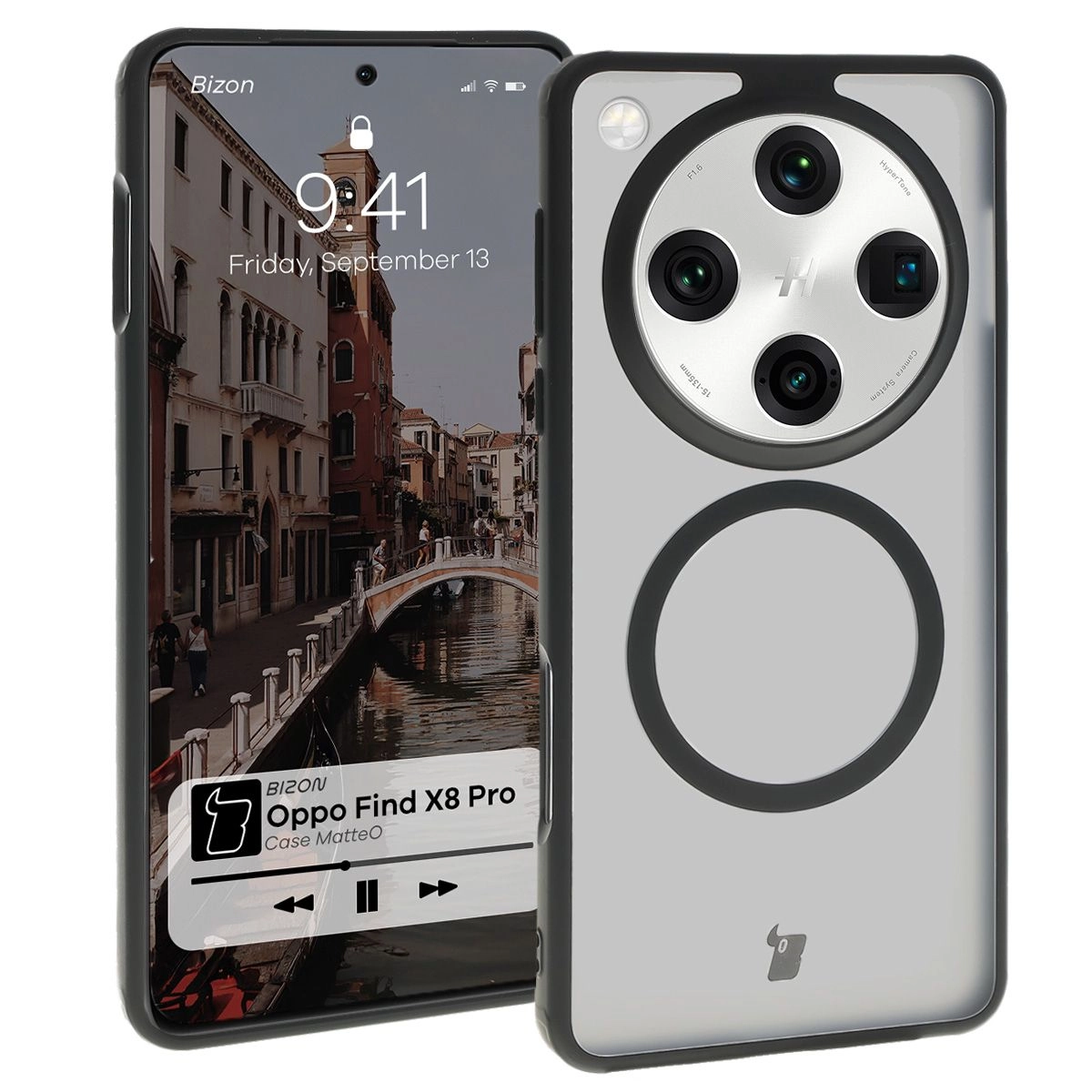 Etui Bizon MatteO z MagSafe do Oppo Find X8 Pro Półprzezroczyste z czarną ramką