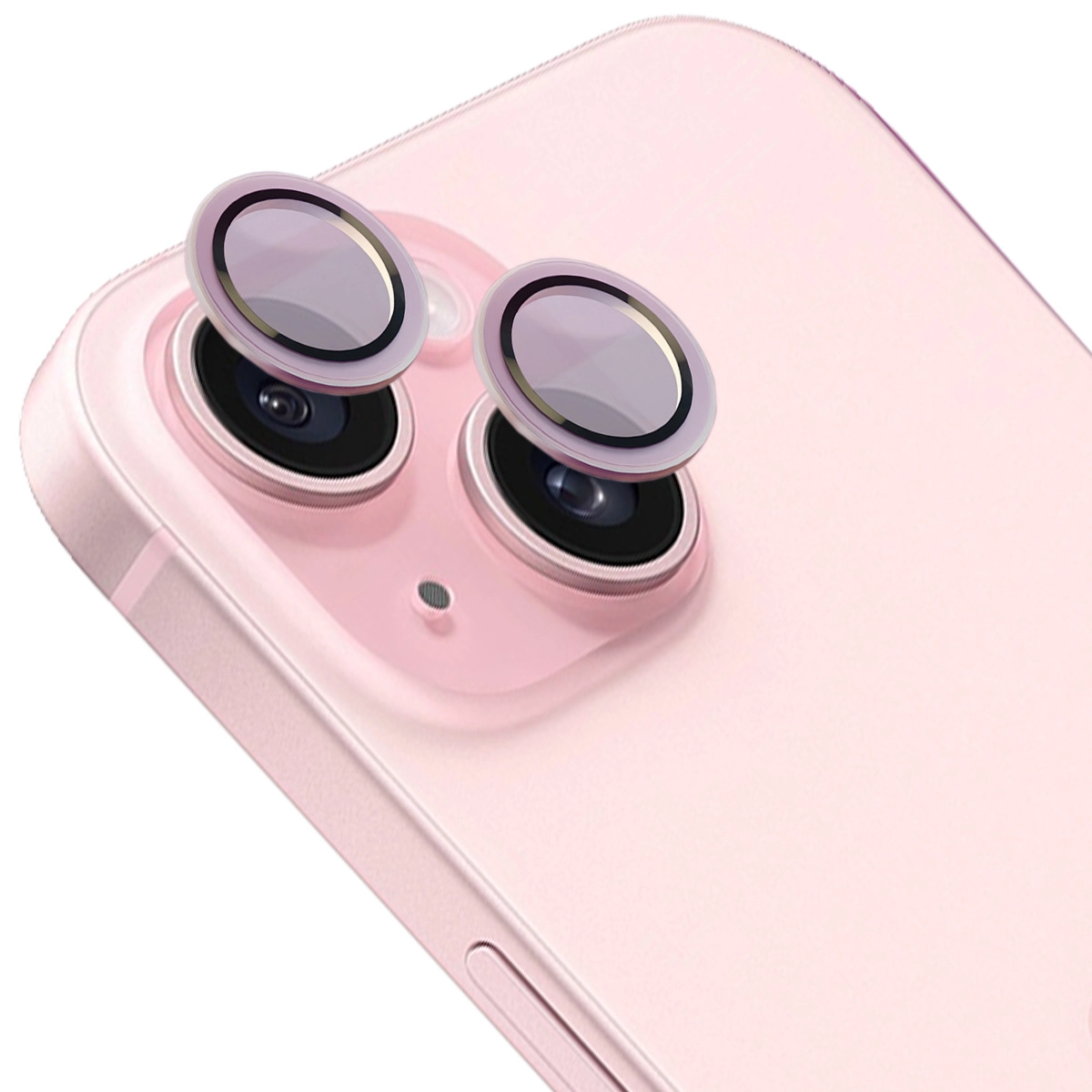 Szkło hartowane Bizon na aparat z aplikatorem Snap Lens do iPhone 15/15 Plus jasnoróżowa ramka