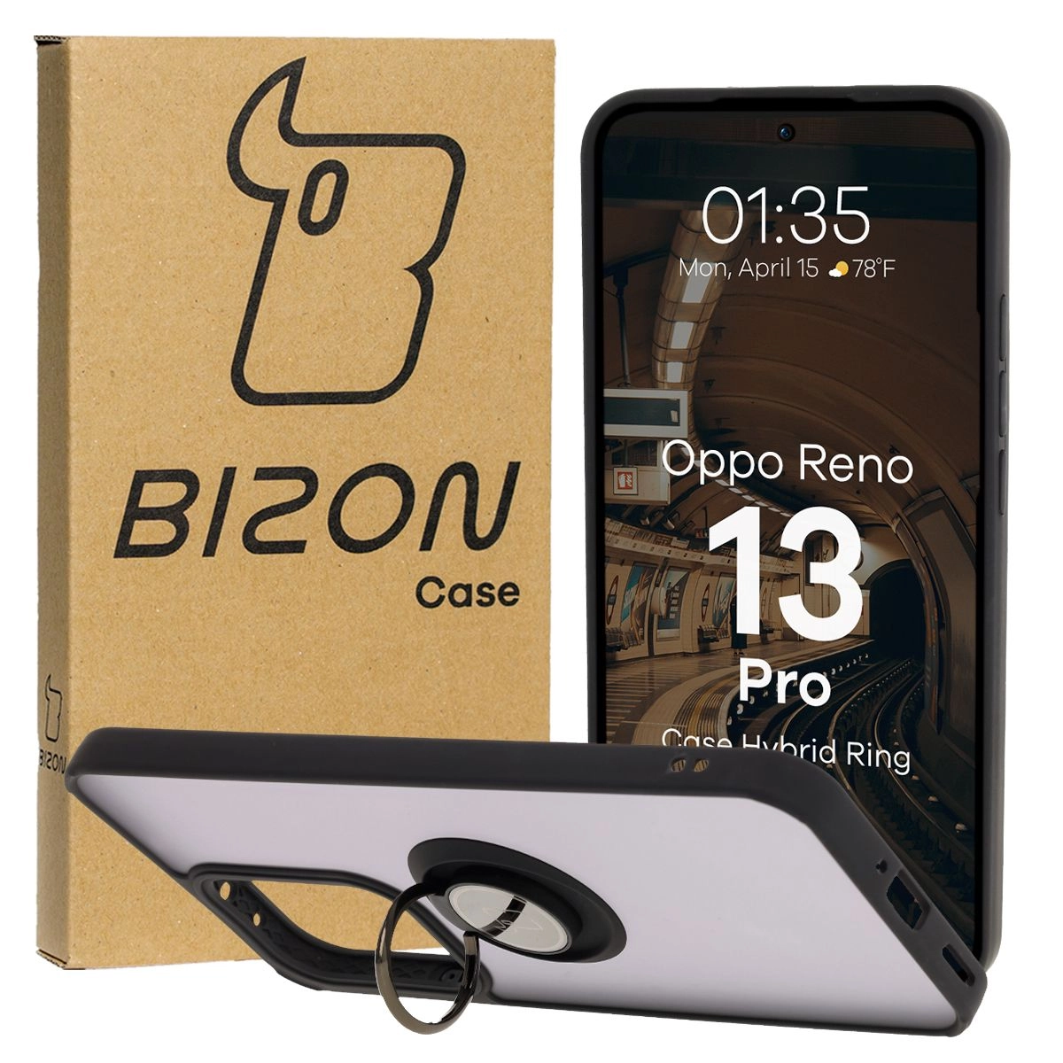 Etui Bizon z uchwytem na palec Hybrid Ring do Oppo Reno13 Pro przydymione z Czarną ramką
