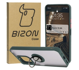 Etui Bizon z uchwytem na palec Hybrid Ring do Xiaomi Redmi 13 4G przydymione z Ciemnozieloną ramką
