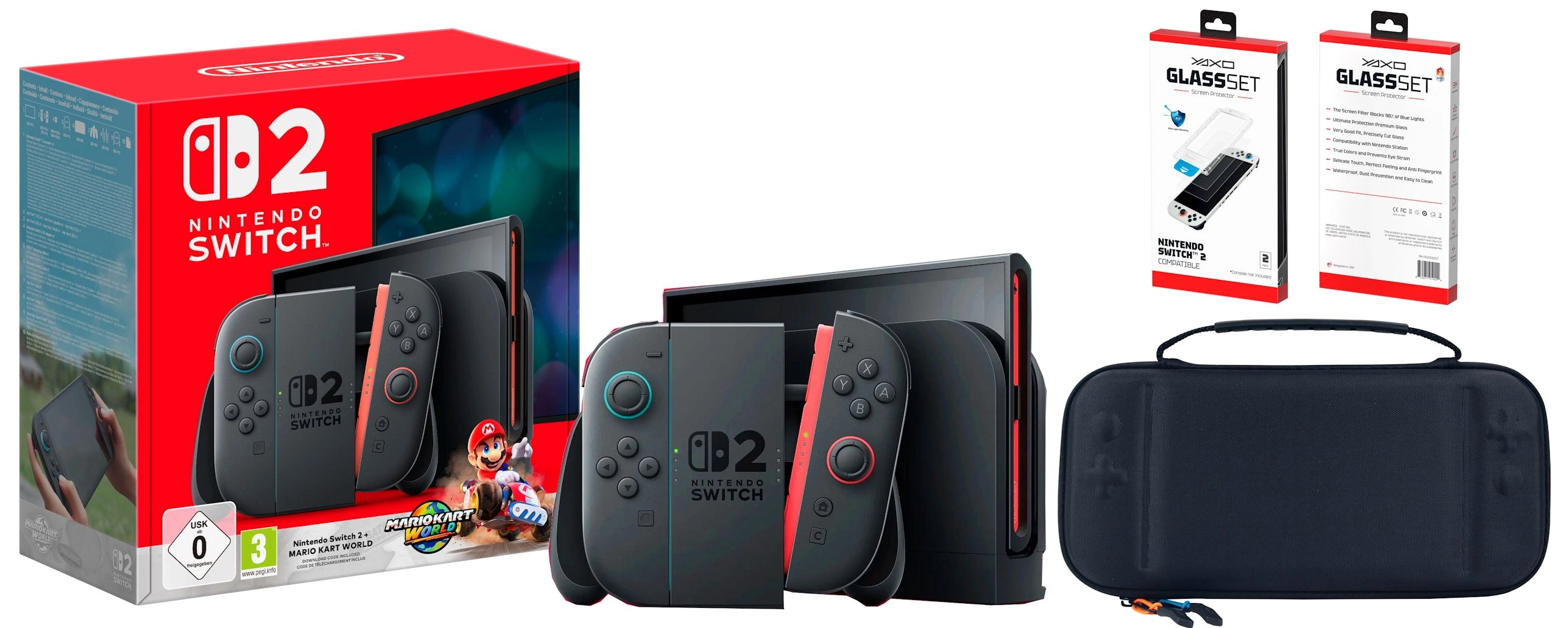 Konsola Nintendo Switch 2 Joy-Con Czarny + Mario Kart World + Etui Yaxo Hurricane + Szkło Yaxo Glass Set