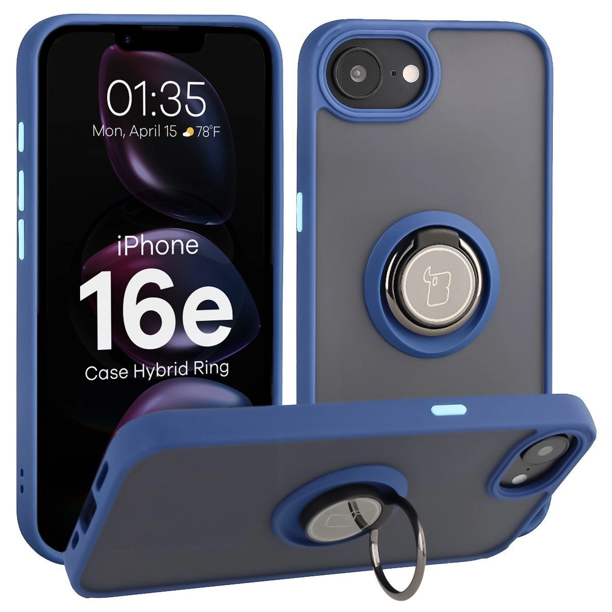 Etui Bizon z uchwytem na palec Hybrid Ring do Apple iPhone 16e Przydymione z niebieską ramką
