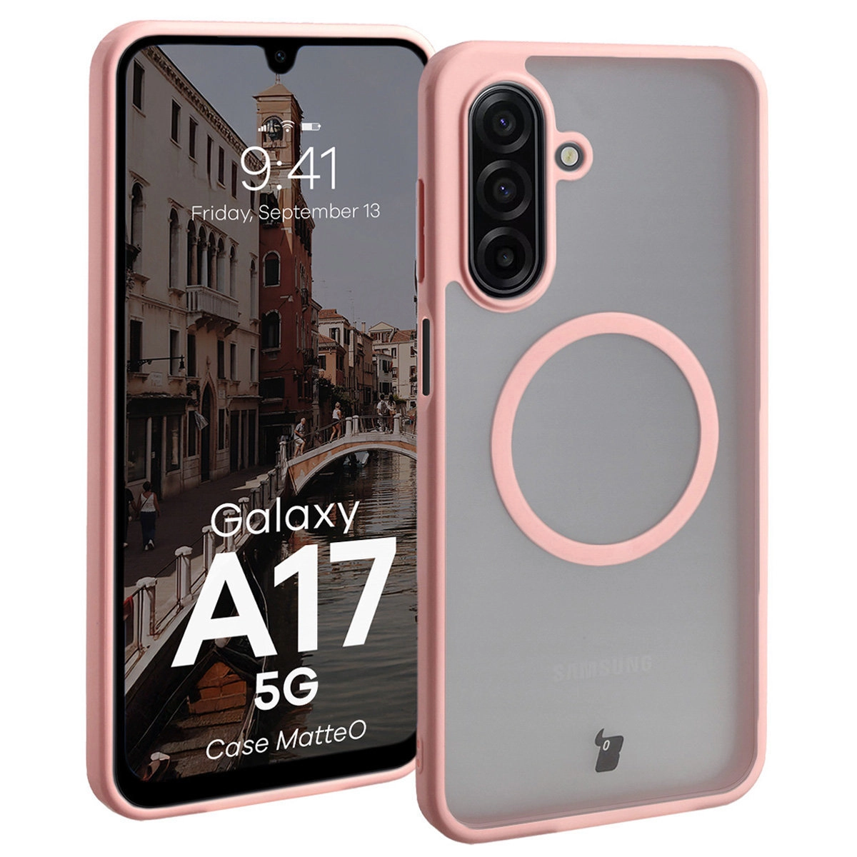 Etui Bizon MatteO z MagSafe do MatteO Samsung Galaxy A17 5G Półprzezroczyste z różową ramką