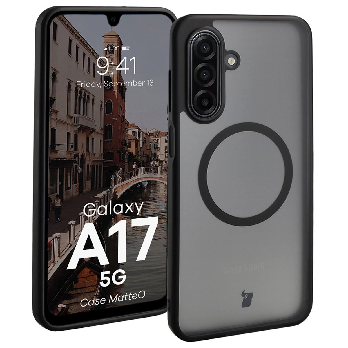 Etui Bizon MatteO z MagSafe do MatteO Samsung Galaxy A17 5G Półprzezroczyste z czarną ramką