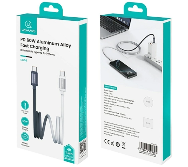 USAMS Bicolor Series PD 60W USB-C do USB-C 1,2m Czarno-biały