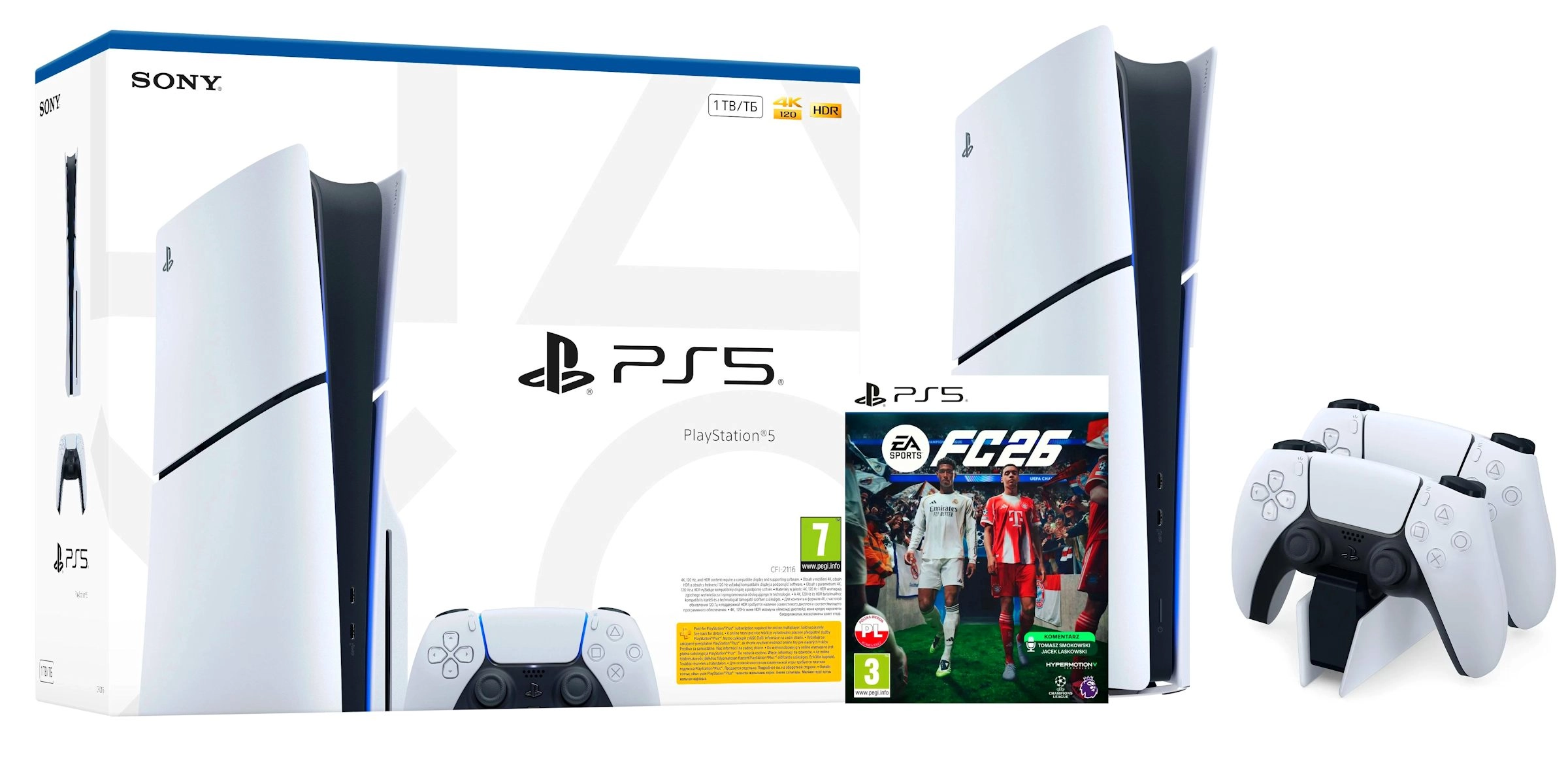 Konsola Sony PlayStation 5 Slim E Chassis (PS5) 1TB z napędem + Dodatkowy Pad + Stacja Ładowania DualSense + EA SPORTS FC 26