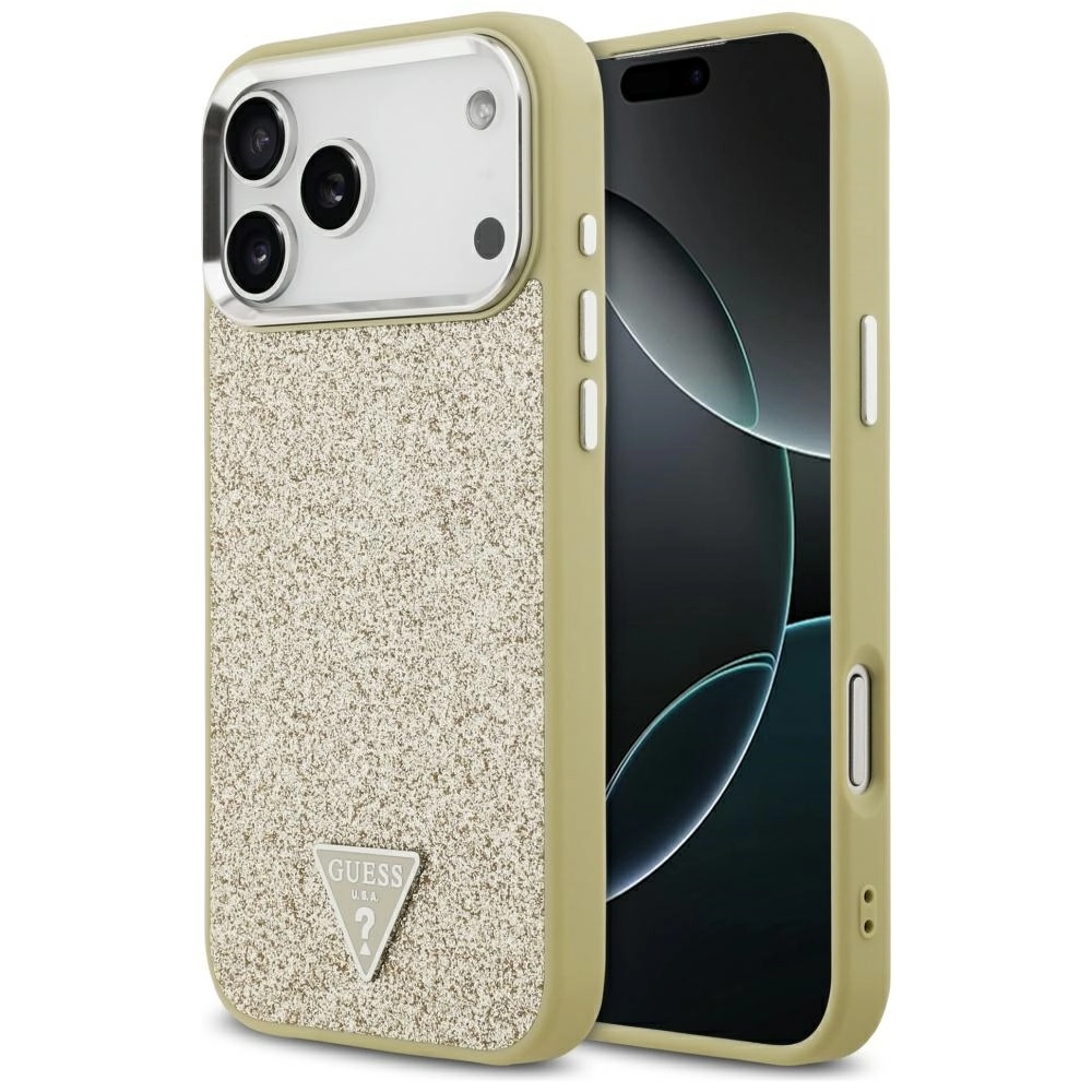 Etui Guess Glitter Triangle Logo MagSafe do iPhone 17 Pro Max złoty