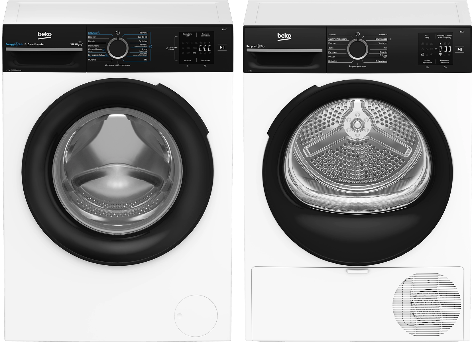Zestaw Beko pralka b300 BM3WFSU37015WBPB EnergySpin Slim 7kg 1000obr/min + suszarka b300 BM3T37239WBPB Slim 47cm 7kg