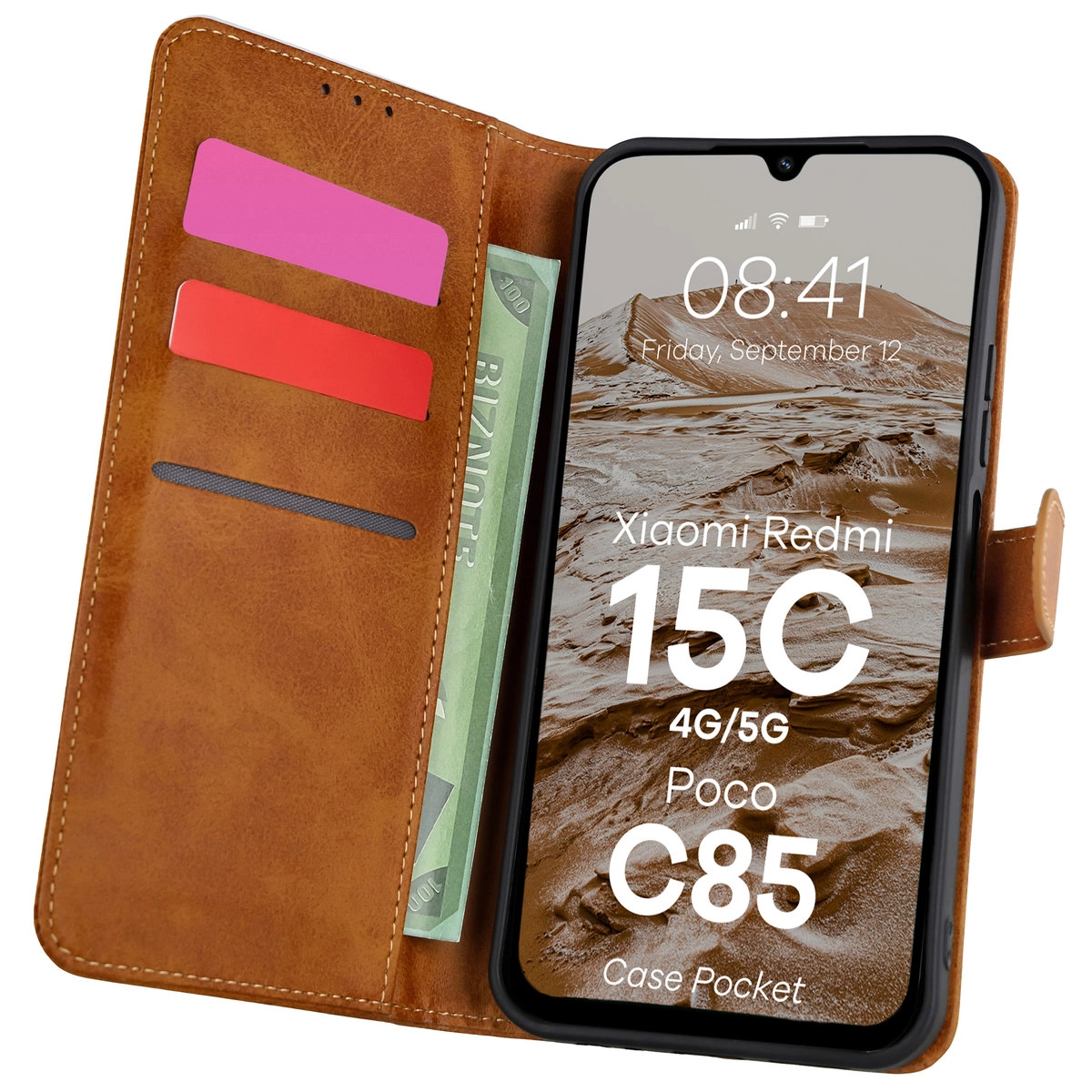 Etui Bizon z klapką Pocket do Xiaomi Redmi 15C 4G / 5G / POCO C85 4G Brązowy