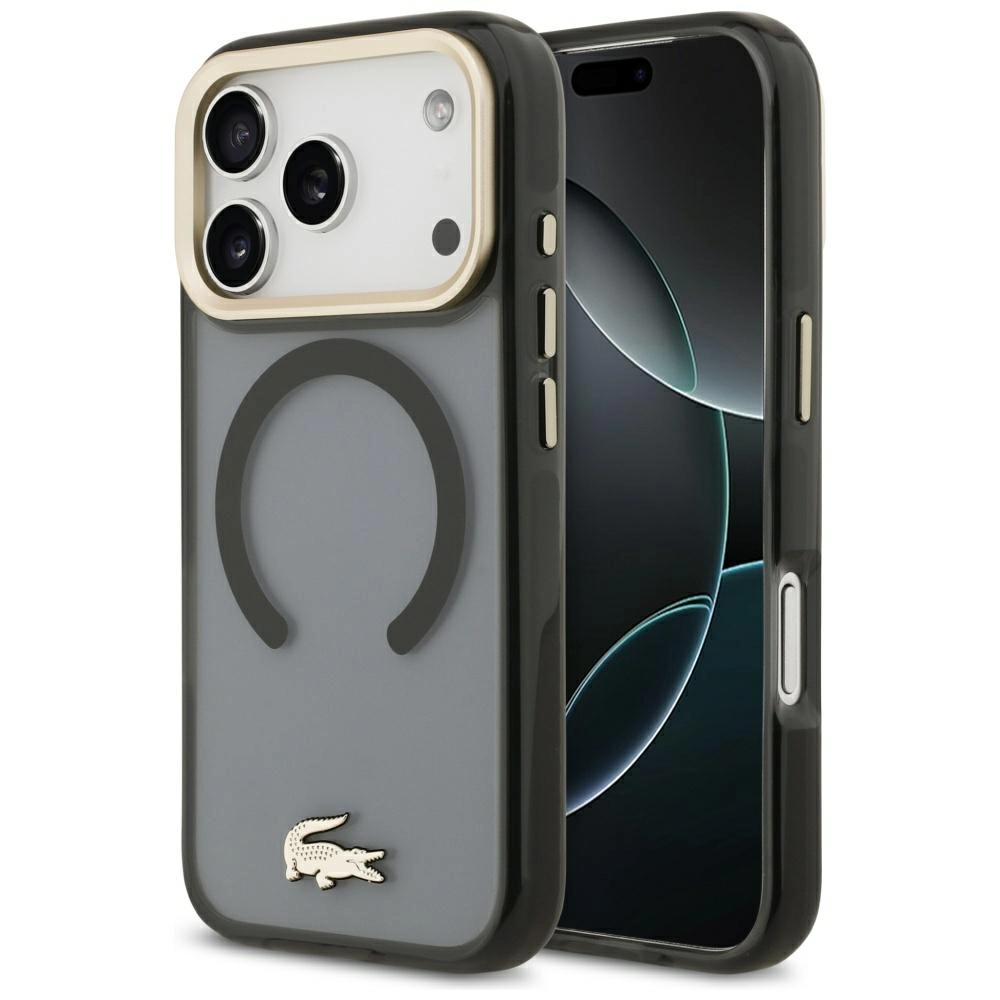 Etui Lacoste Shockproof Transparent Frosted Gold Logo MagSafe do iPhone 17 Pro Czarny