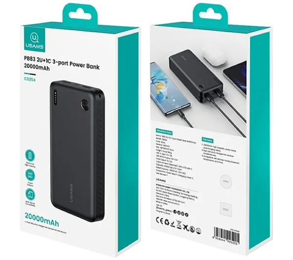 USAMS PB83 2xUSB-A 1xUSB-C 20000mAh Biały