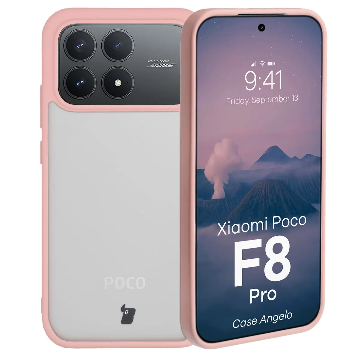 Etui Bizon Angelo do Xiaomi POCO F8 Pro Półprzeźroczyste z różową ramką