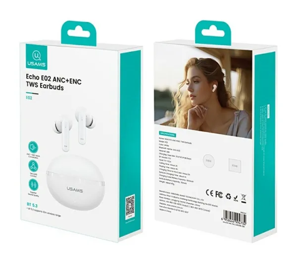 USAMS Echo E02 TWS ANC+ENC Dokanałowe Bluetooth 5.3 Biały