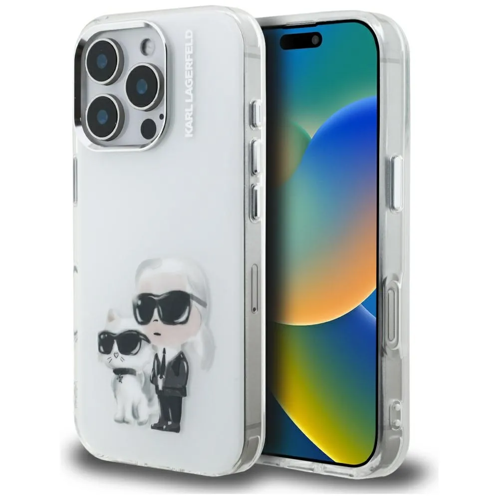 Etui Karl Lagerfeld IML Aquarelle Karl & Choupette & Logo do iPhone 16 Pro Biały