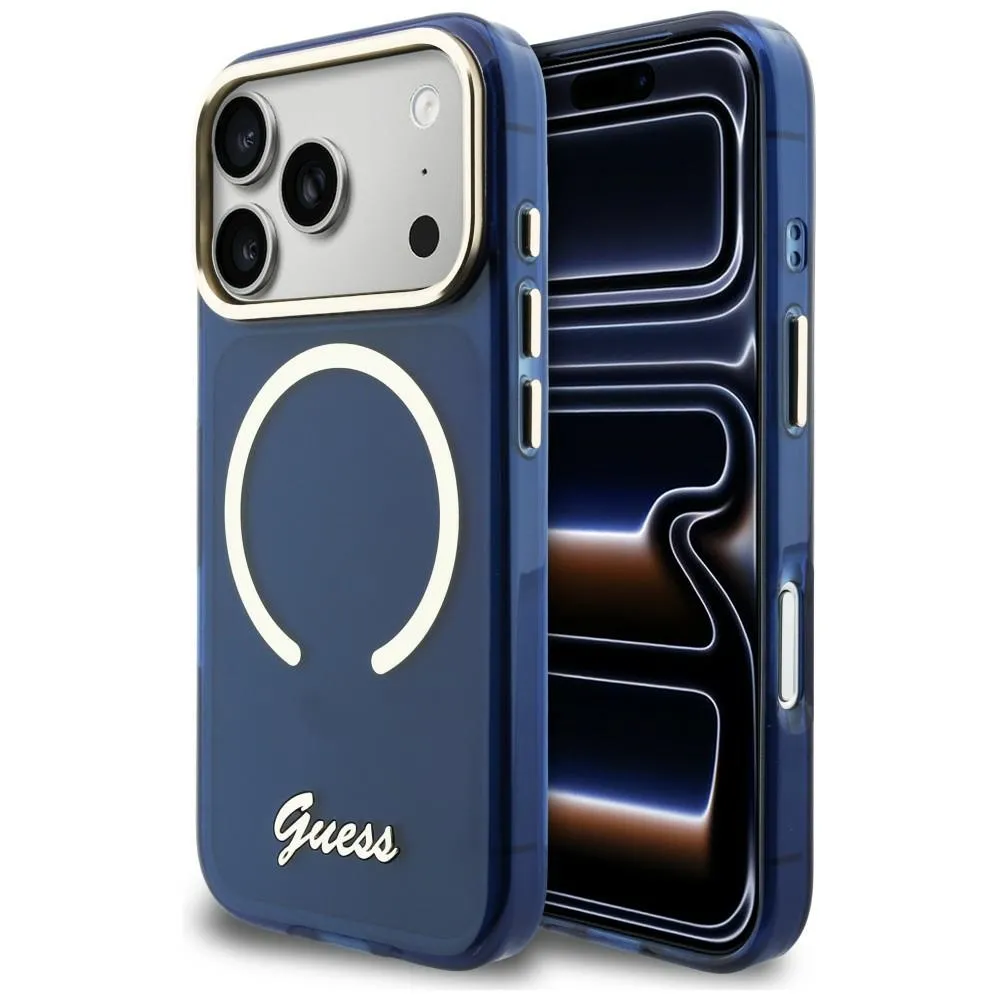 Etui Guess IML Script Metal MagSafe do iPhone 17 Pro Max Niebieski