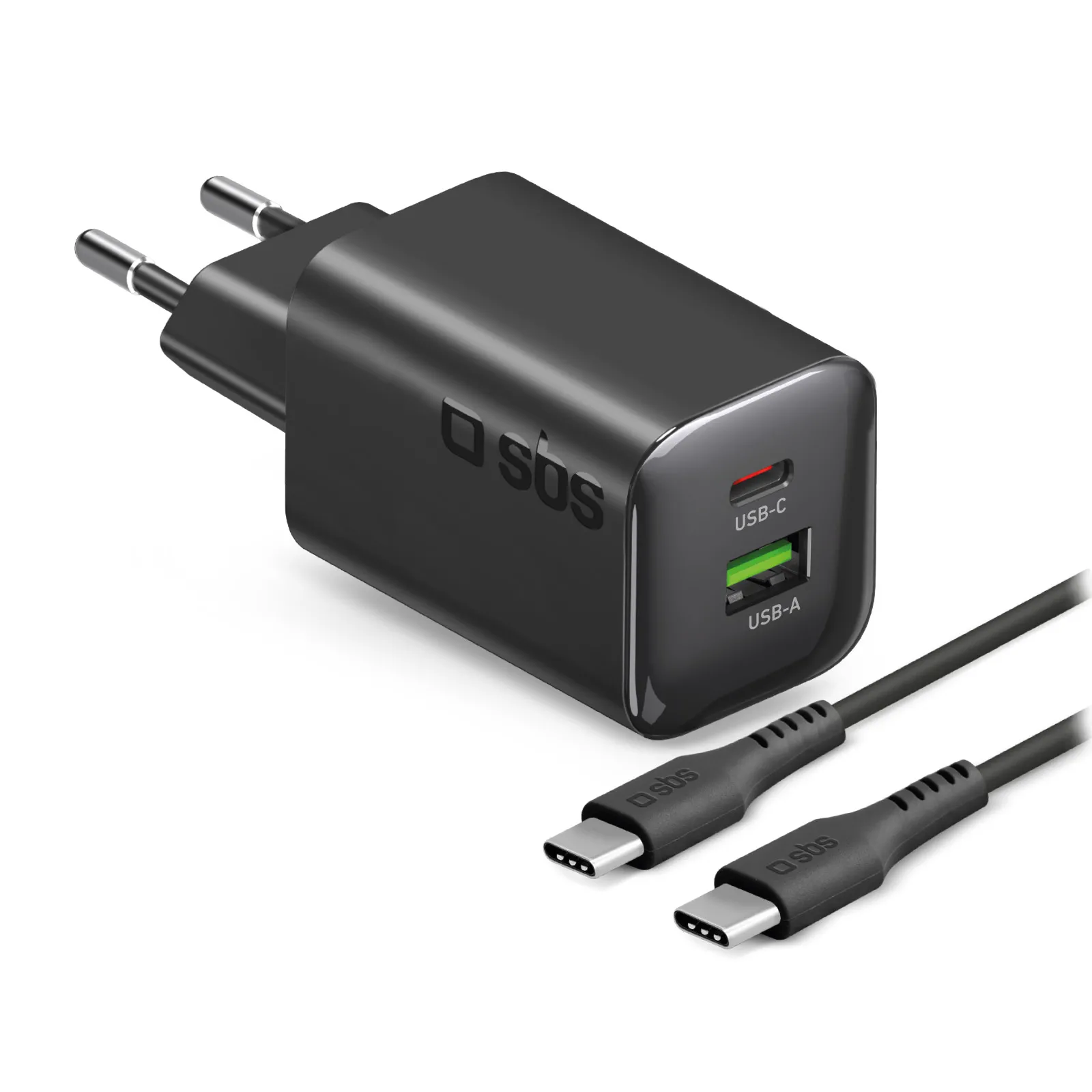 Ładowarka sieciowa SBS Mini GaN PD USB-C USB-A 65W Czarny + kabel 1,5m USB-C