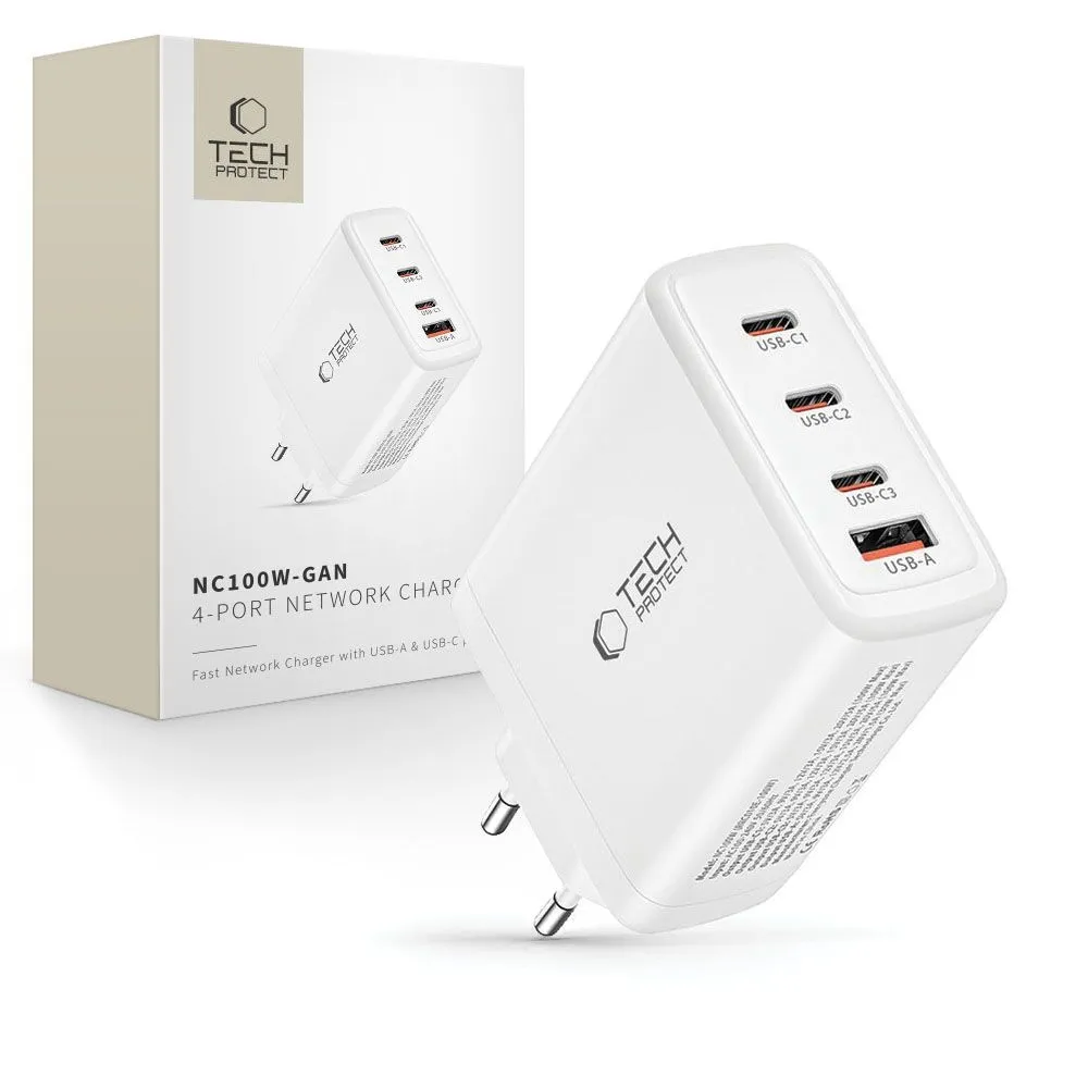 Ładowarka sieciowa Tech-Protect NC100W-GAN QC3.0 PD USB-A 3x USB-C 100W Biały