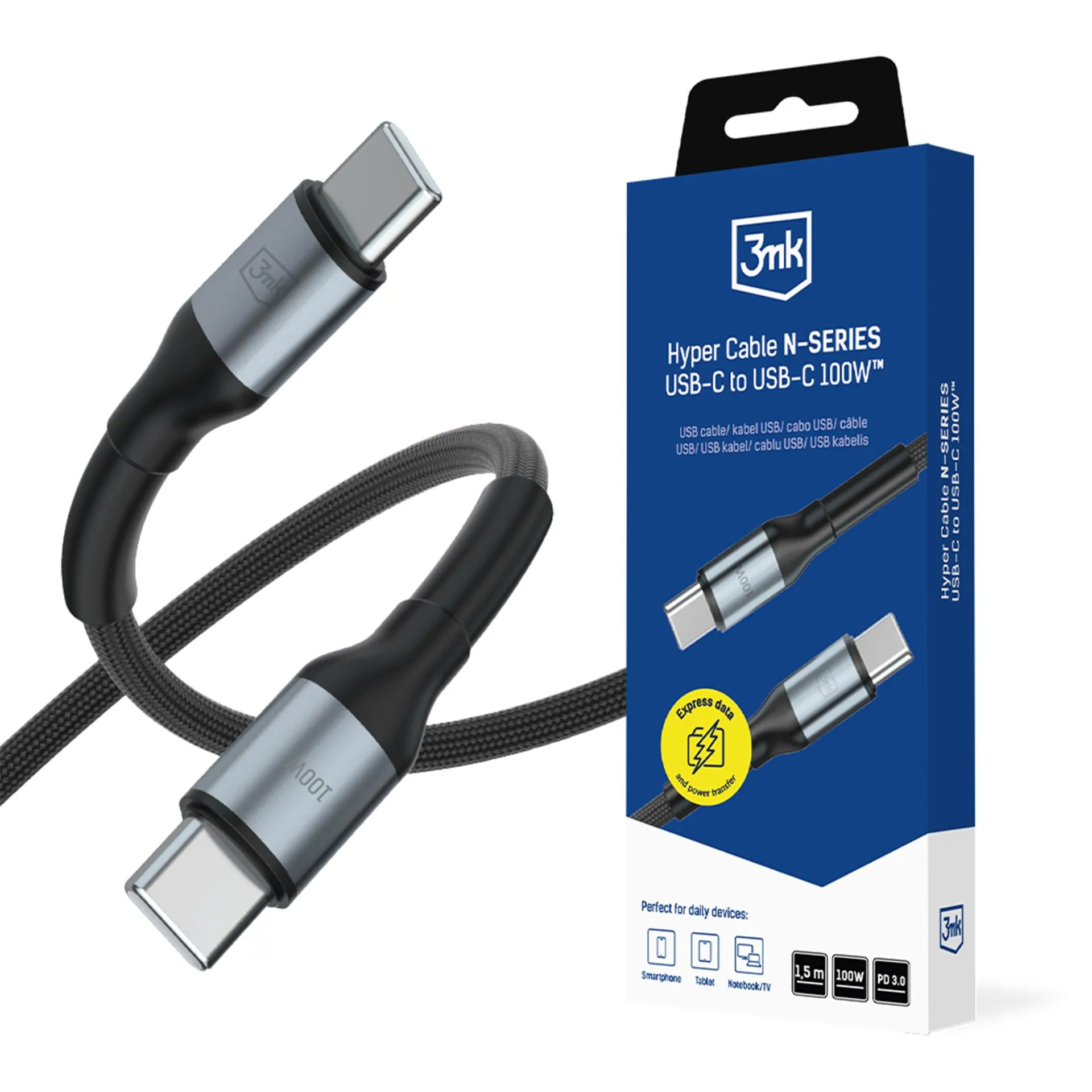 Kabel 3mk Hyper Cable N-SERIES PD3.0 20V/5A USB-C do USB-C 1,5m 100W Czarny