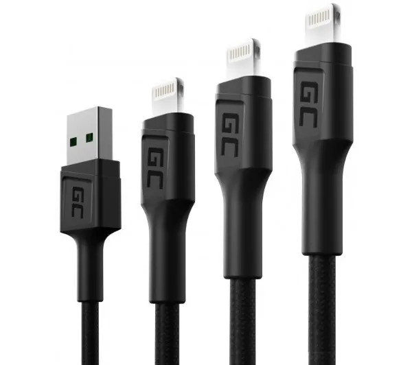 Green Cell KABGCSET4 USB-A - Lightning 0,3m 1,2m 2m Czarny 3szt.