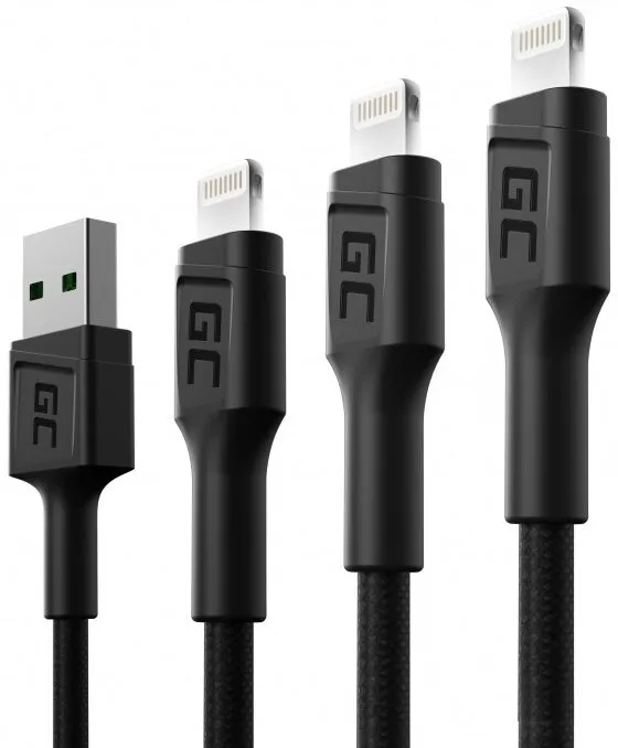Kabel Green Cell KABGCSET4 USB-A - Lightning 0,3m 1,2m 2m Czarny 3szt.