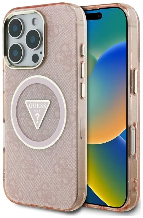Etui Guess IML Metal Glitter 4G Circle Triangle MagSafe do iPhone 16 Pro Max Różowy